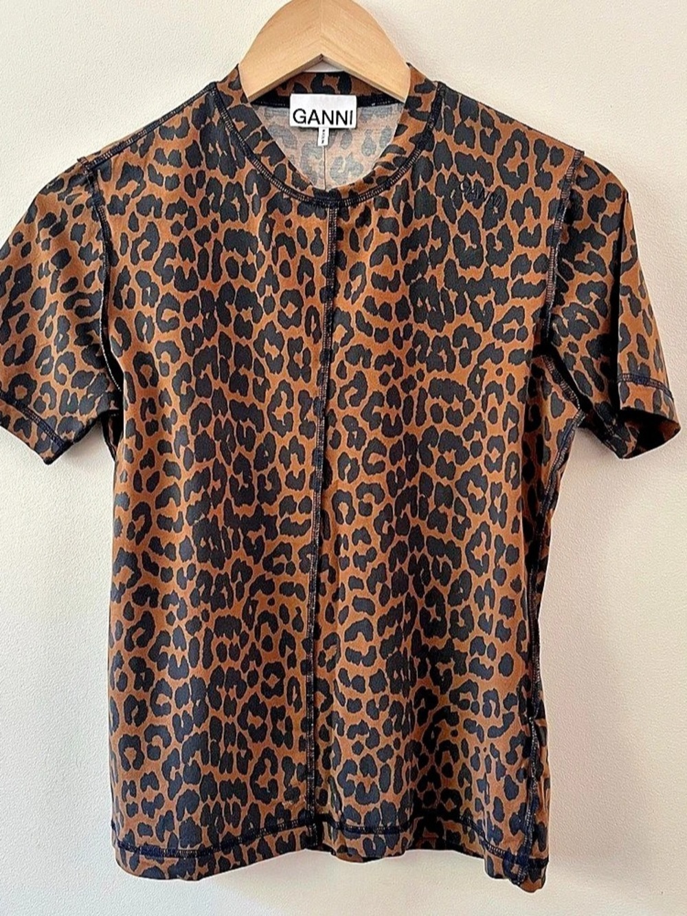 GANNI Leopard Brown Print Short Sleeve Crewneck T-shirt Cotten Blend Sz 36 (4)